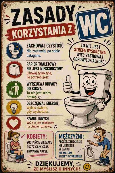 Plechová ceduľa Zasady Korzystania z WC - Plechová tabuľa