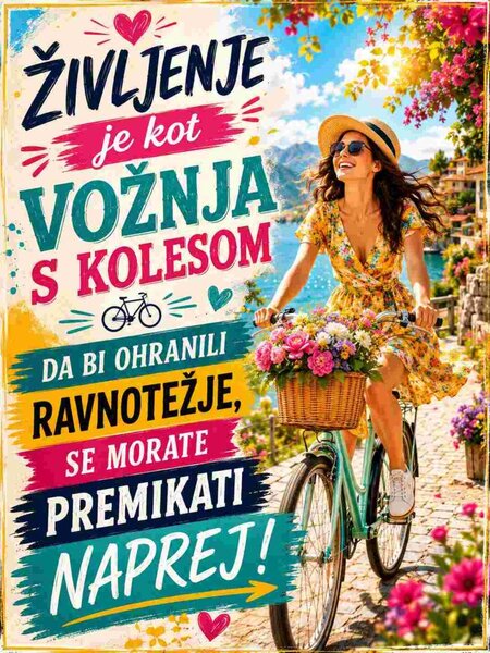 Plechová ceduľa Življenje je kot vožnja s kolesom - Plechová tabuľa