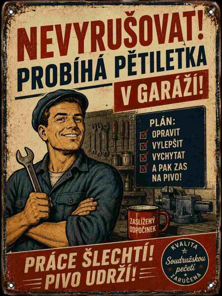 Plechová ceduľa Nevyrušovat! Probíha Petiletka v garáži! - Plechová tabuľa