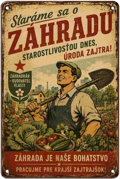 Plechová ceduľa Staráme sa o záhradu starostlivosťou dnes úroda zajtra! - Plechová tabuľa