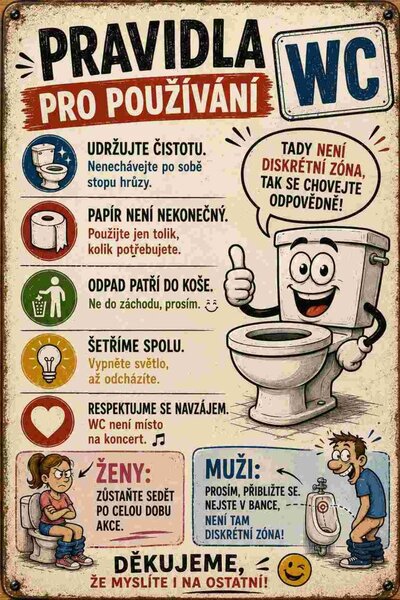 Plechová ceduľa Pravidla pru používaní WC - Plechová tabuľa