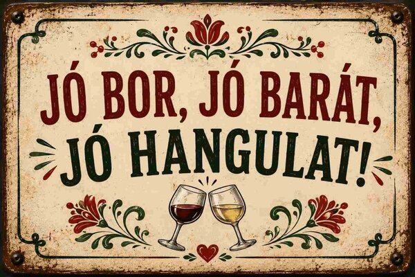 Plechová ceduľa Jó Bor, Jó Barát, Jó Hangulat! - Plechová tabuľa