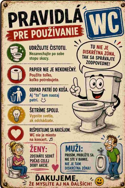Plechová ceduľa Pravidlá pre požívanie WC - Plechová tabuľa