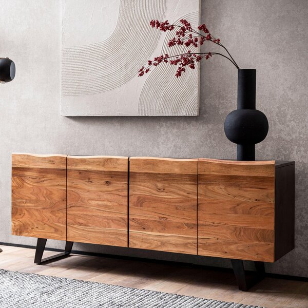 Príborník akáciové masívne drevo 180x75x45 cm príborník čierny s okrajom stromu, komoda s dvierkami, komoda predsieň skriňa moderná, stojaca skriňa obývačka s kovovými nohami | Wohnling
