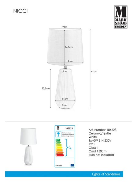 Biela stolová lampa Markslöjd Nicci, ø 19 cm