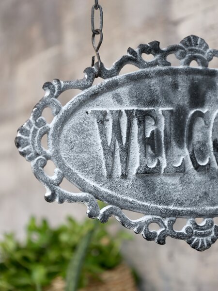 Šedá nástenná závesná ceduľa Welcome – 30*4*38cm - Chic Antique