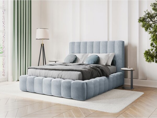 Svetlomodrá čalúnená dvojlôžková posteľ s úložným priestorom s roštom 180x200 cm Kelp – Micadoni Home