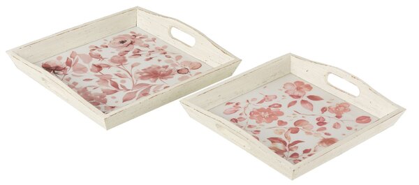 2ks drevený podnos s kvetinovým dekorom Tray Roses - 39*39*5/ 35*35*4 cm - J-Line by Jolipa