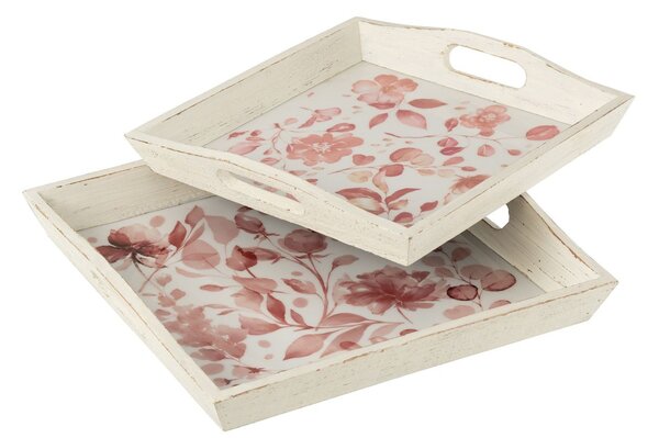 2ks drevený podnos s kvetinovým dekorom Tray Roses - 39*39*5/ 35*35*4 cm - J-Line by Jolipa