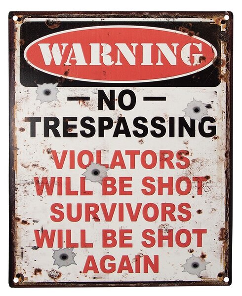 Biela antik nástenná kovová ceduľa No Trespassing - 20*1*25 cm - Clayre & Eef
