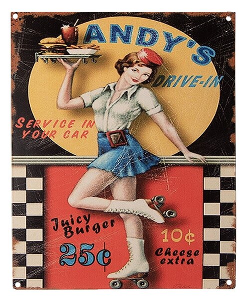 Farebná antik nástenná kovová ceduľa Andy's Drive-in - 20*1*25 cm - Clayre & Eef