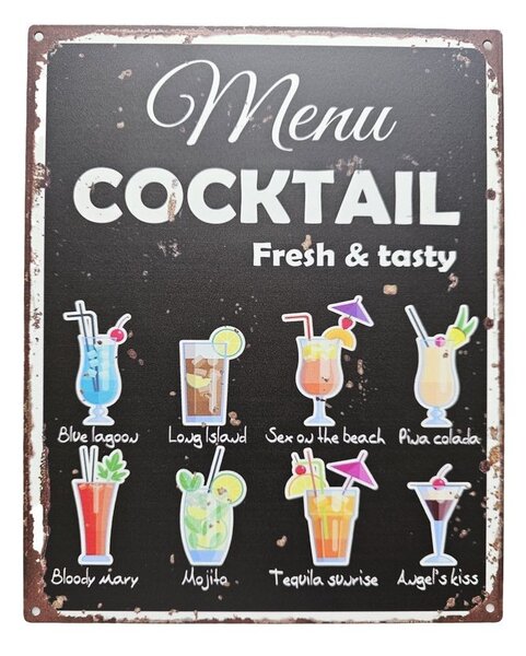 Čierna antik nástenná kovová ceduľa Menu Coctail - 20*25cm - Ostatní