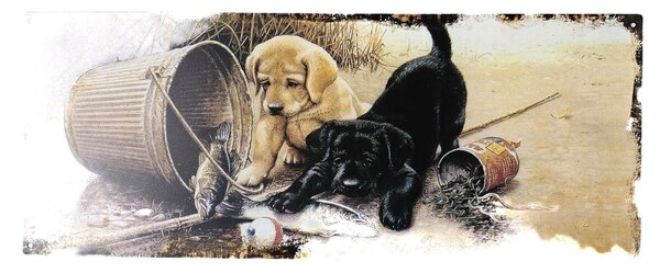 Béžová antik nástenná kovová ceduľa so šteniatkami - 50*20cm - Ostatní