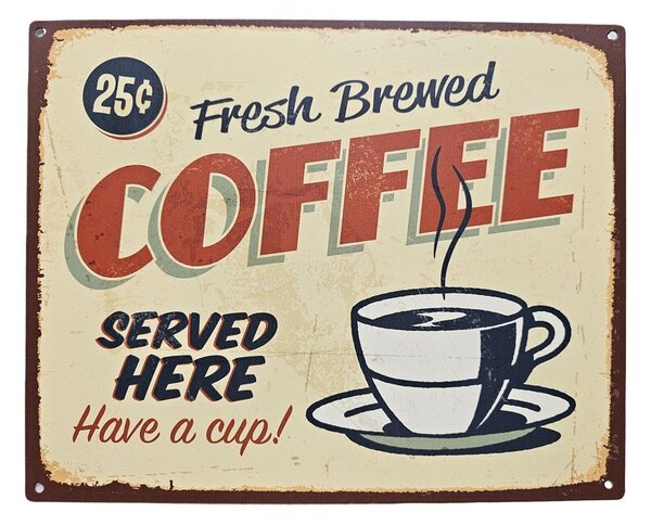 Žltá antik nástenná kovová ceduľa Fresh Coffee - 25*20cm - Ostatní