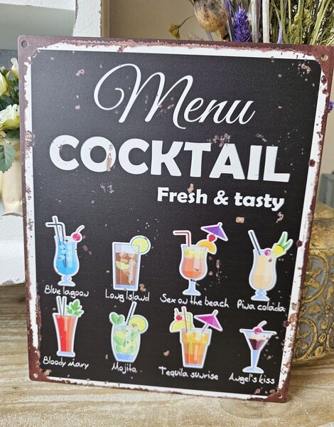 Čierna antik nástenná kovová ceduľa Menu Coctail - 20*25cm - Ostatní