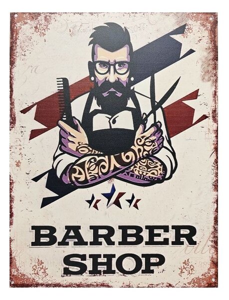 Béžová antik nástenná kovová ceduľa Barber Shop - 25*33 cm - Ostatní