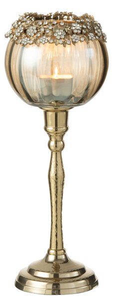 Zlatý svietnik na nožičke so zdobením a kamienky Volve L - Ø10*33cm - J-Line by Jolipa