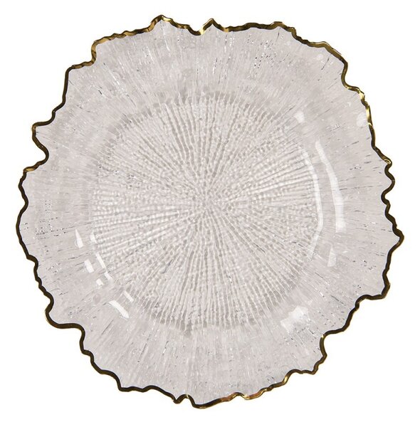 Transparentný servírovací tanier s vlnitým zlatým okrajom - Ø 33*1 cm - Clayre & Eef