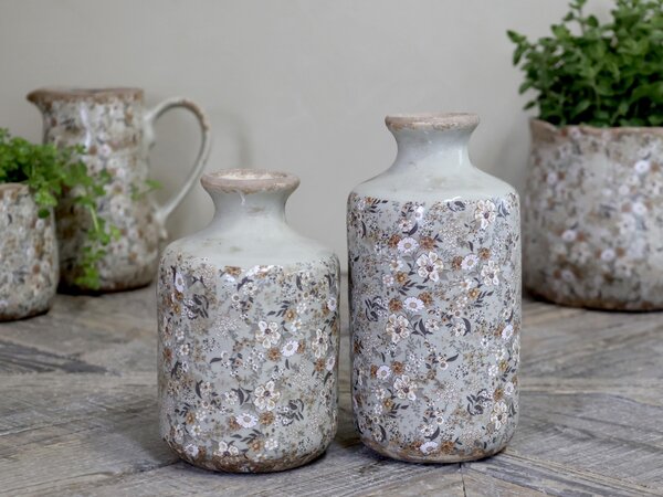 Zelená keramická dekoračná váza s kvietkami Florals Evry - Ø 11*17cm - Chic Antique
