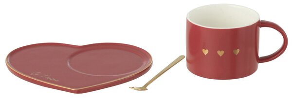 Vínový hrnček so srdiečkami + lyžička + tanierik srdca Je t´aime - 6*14*6 cm / 175ml - J-Line by Jolipa