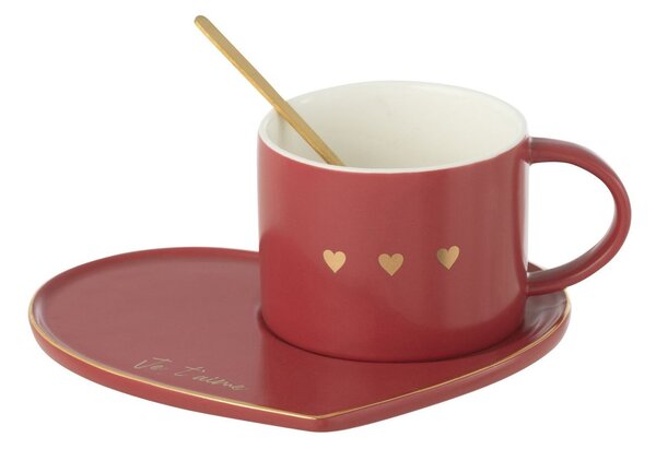 Vínový hrnček so srdiečkami + lyžička + tanierik srdca Je t´aime - 6*14*6 cm / 175ml - J-Line by Jolipa