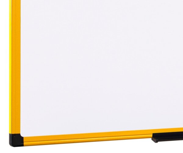 Biela popisovacia tabuľa na stenu, magnetická, žltý rám, 900 x 600 mm