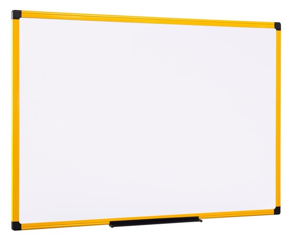 Biela popisovacia tabuľa na stenu, magnetická, žltý rám, 900 x 600 mm