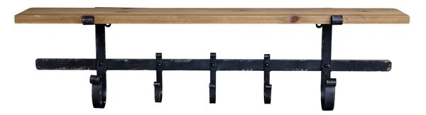 Hnedá antik drevená nástenná polička s kovovými háčikmi Hael - 92*18*25cm - Chic Antique
