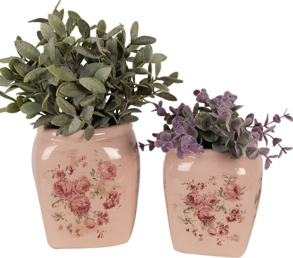 Béžový keramický obal na kvetináč s ružami Rósa S - 12*12*14 cm - Clayre & Eef