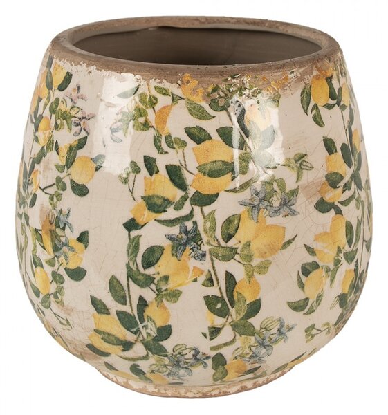 Béžový keramický obal na kvetináč s citrónmi Lemons L - Ø 18*17 cm - Clayre & Eef