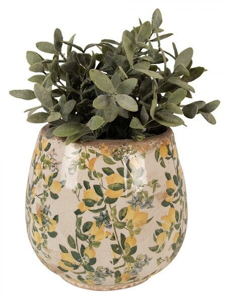Béžový keramický obal na kvetináč s citrónmi Lemons L - Ø 18*17 cm - Clayre & Eef
