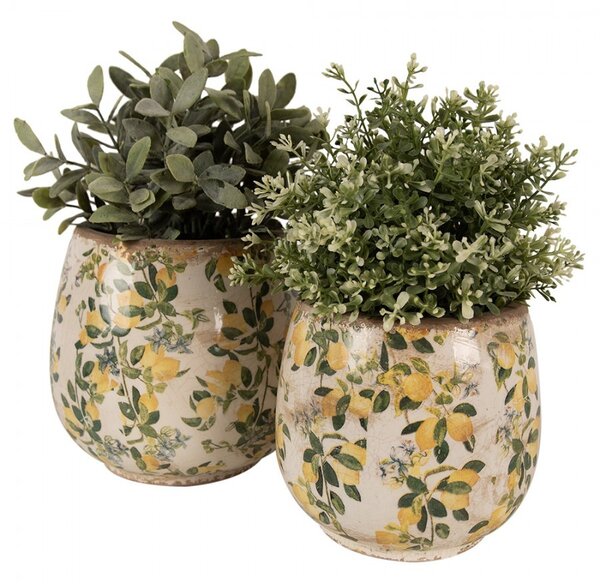 Béžový keramický obal na kvetináč s citrónmi Lemons L - Ø 18*17 cm - Clayre & Eef