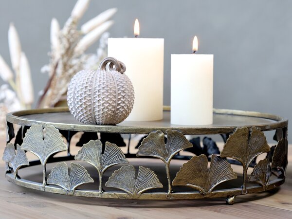 Mosadzný antik dekoračný kovový podnos Ginkgo - Ø 33*8cm - Chic Antique