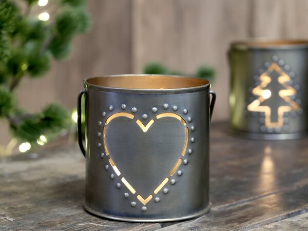 Mosadzný antik kovový svietnik so srdiečkom a držadlom Heart - 8*8 cm - Chic Antique
