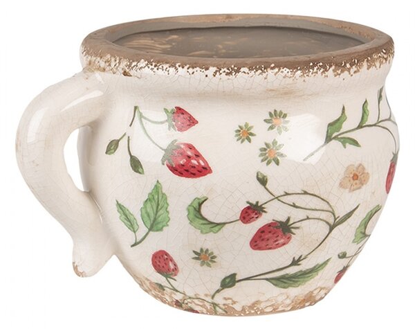 Béžový keramický obal na kvetináč s jahôdkami Wild Strawberries - 17*14*12 cm - Clayre & Eef