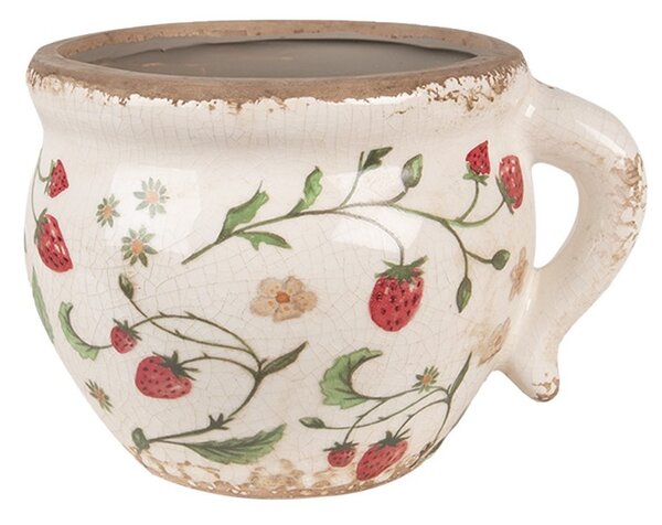 Béžový keramický obal na kvetináč s jahôdkami Wild Strawberries - 17*14*12 cm - Clayre & Eef