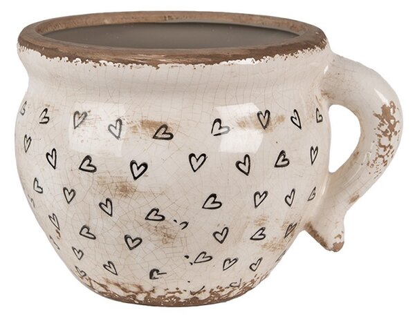 Béžový keramický obal na kvetináč s uchom a so srdiečkami Hearti - 20*17*15 cm - Clayre & Eef