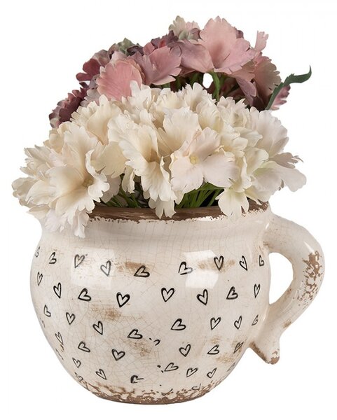 Béžový keramický obal na kvetináč s uchom a so srdiečkami Hearti - 20*17*15 cm - Clayre & Eef