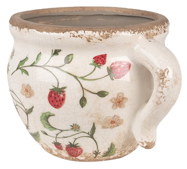Béžový keramický obal na kvetináč s jahôdkami Wild Strawberries - 17*14*12 cm - Clayre & Eef