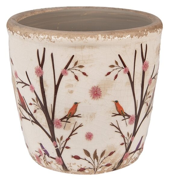 Béžový keramický obal na kvetináč s kvetmi a vtáčikmi Birdie S - Ø 13*12 cm - Clayre & Eef