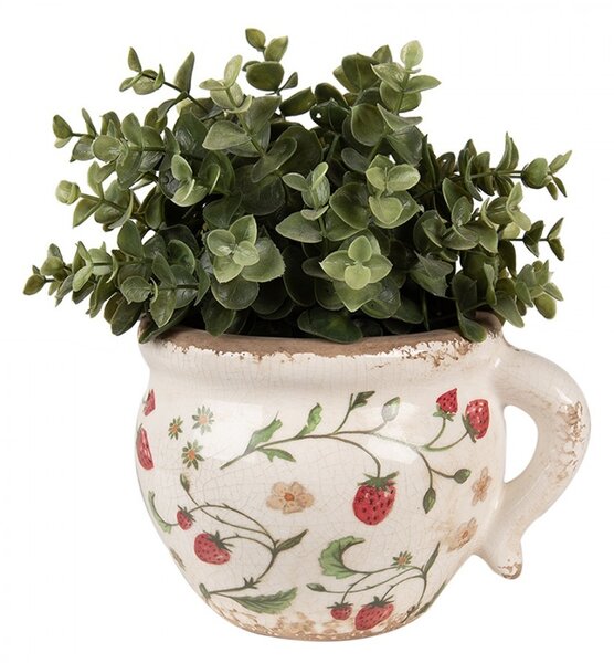 Béžový keramický obal na kvetináč s jahôdkami Wild Strawberries - 17*14*12 cm - Clayre & Eef