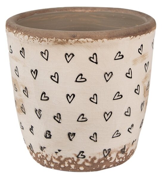 Béžový keramický obal na kvetináč so srdiečkami Hearti S - Ø 13*12 cm - Clayre & Eef
