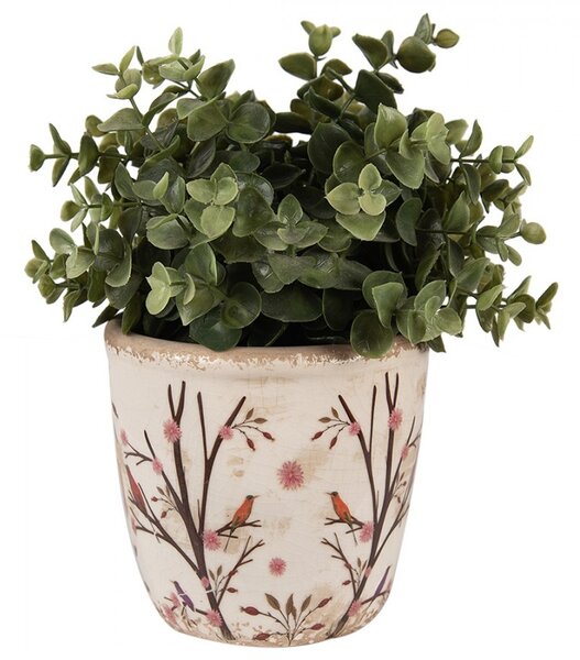 Béžový keramický obal na kvetináč s kvetmi a vtáčikmi Birdie S - Ø 13*12 cm - Clayre & Eef