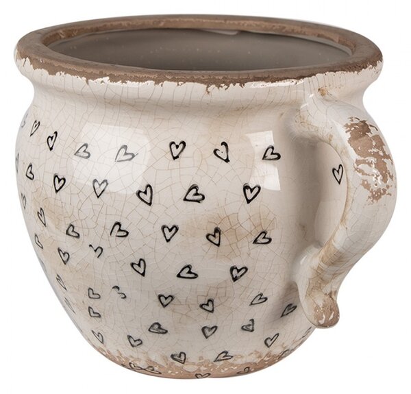 Béžový keramický obal na kvetináč s uchom a so srdiečkami Hearti M - 17*14*12cm - Clayre & Eef