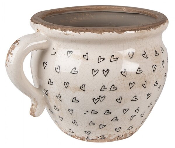 Béžový keramický obal na kvetináč s uchom a so srdiečkami Hearti M - 17*14*12cm - Clayre & Eef