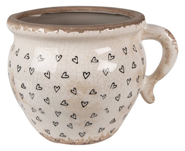 Béžový keramický obal na kvetináč s uchom a so srdiečkami Hearti M - 17*14*12cm - Clayre & Eef