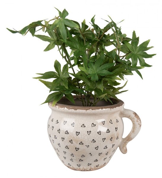 Béžový keramický obal na kvetináč s uchom a so srdiečkami Hearti M - 17*14*12cm - Clayre & Eef