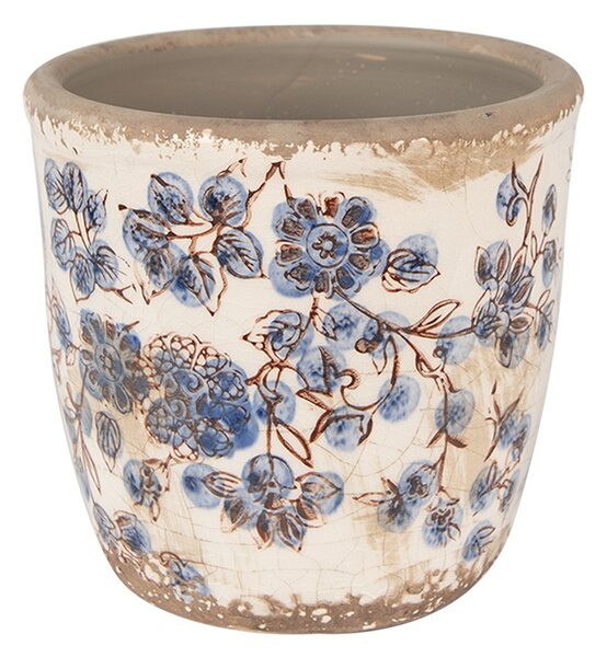 Keramický obal na kvetináč s modrými kvetmi Blusia - Ø 11*10 cm - Clayre & Eef