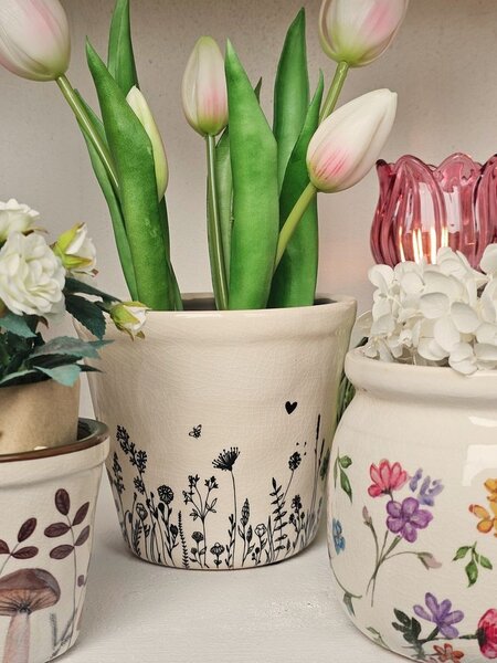 Béžový keramický obal na kvetináč s lúčnymi kvetmi Flora And Fauna S - Ø 12*11cm - Clayre & Eef