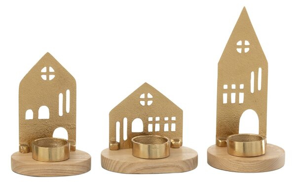 Set 3ks svietnik domček na čajovú sviečku House gold - 9*9*19 cm - J-Line by Jolipa
